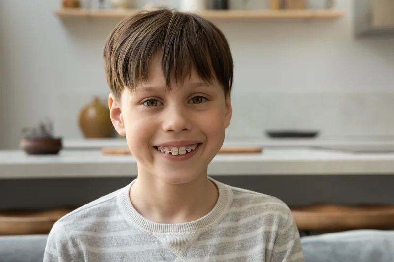 Close-up of a teen wearing traditional orthodontic braces
